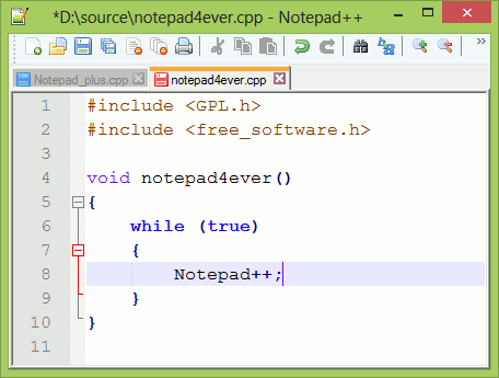 Notepad++ editor window showing C++ code with syntax highlighting
